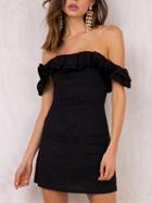 Choies Black Faux Suede Off Shoulder Frill Trim Mini Dress