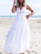 Choies White V-neck Knot Front Open Back Sleeveless Chic Women Maxi Dress