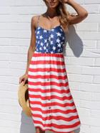 Choies Red Stripe Star Print Panel Open Back Chic Women Cami Midi Dress