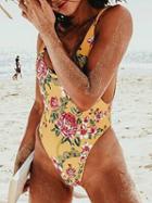 Choies Yellow Plunge Floral Print Open Back Swimsuit