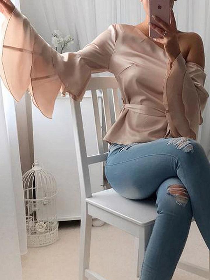 Choies Beige One Shoulder Tie Waist Flare Sleeve Blouse