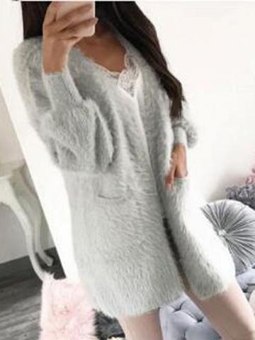 Choies Gray Open Front Longline Faux Fur Coat