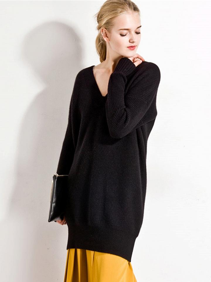 Choies Black V-neck Long Sleeve Longline Knit Sweater