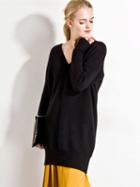 Choies Black V-neck Long Sleeve Longline Knit Sweater