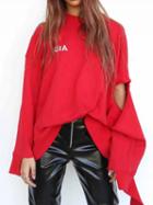 Choies Red Crew Neck Letter Print Asymmetric Hem Long Sleeve Sweatshirt