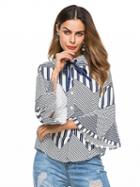 Choies Blue Stripe Bow Tie Front Flare Sleeve Shirt