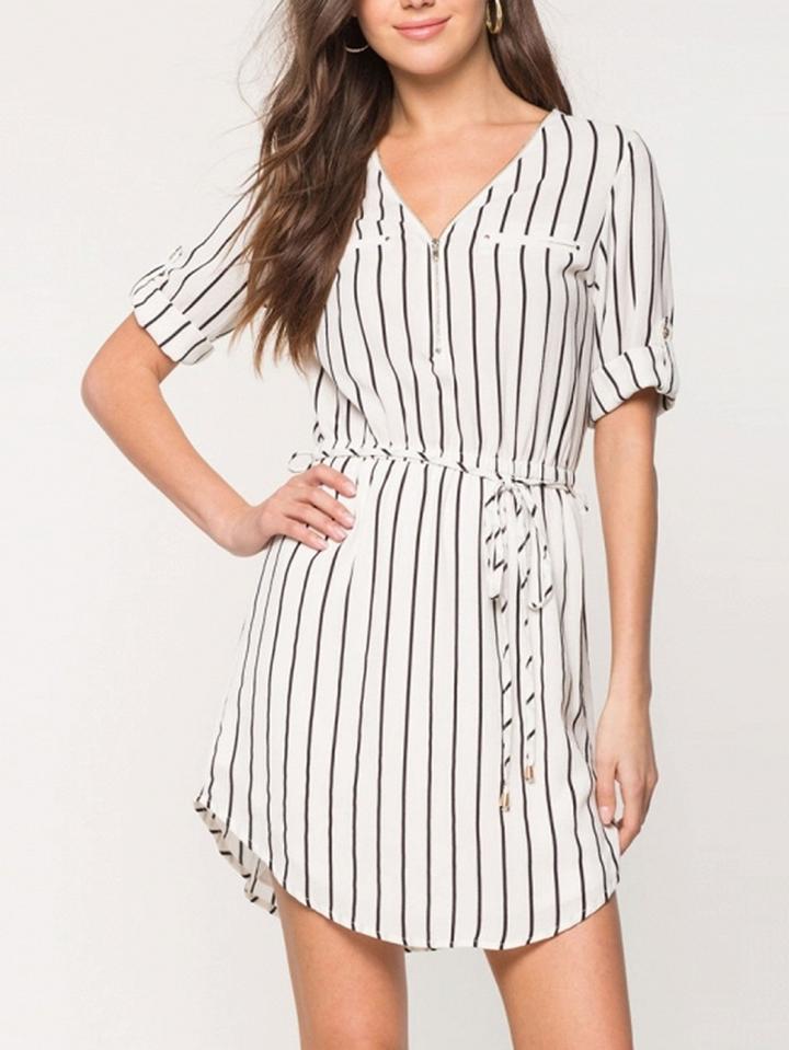 Choies White Stripe Zipped V Neck Tie Waist Roll Sleeve Dress