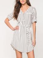Choies White Stripe Zipped V Neck Tie Waist Roll Sleeve Dress