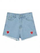 Choies Blue Embroidery Heart Raw Hem Denim Shorts
