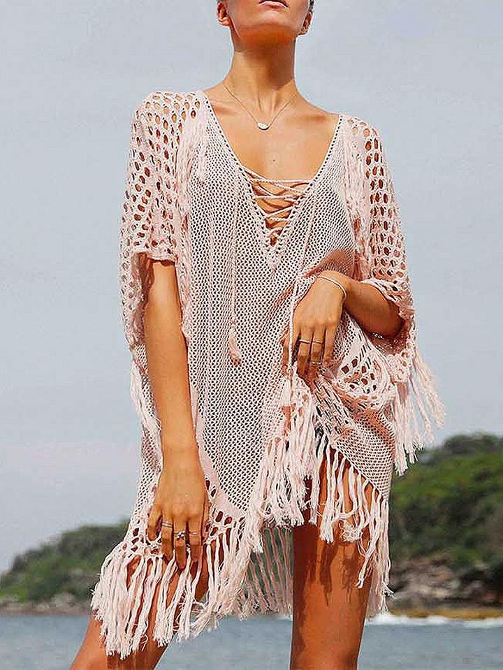 Choies Pink Plunge Lace Up Front Fishnet Detail Tassel Trim Blouse