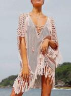 Choies Pink Plunge Lace Up Front Fishnet Detail Tassel Trim Blouse