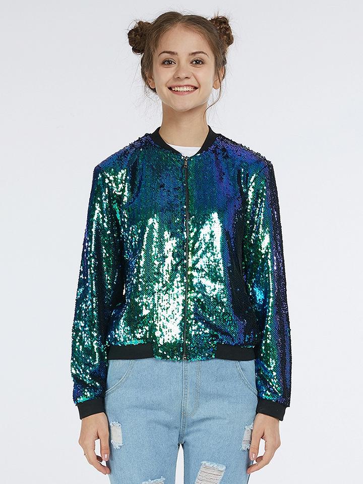 Choies Peacock Blue Sequins Long Sleeve Bomber Jacket