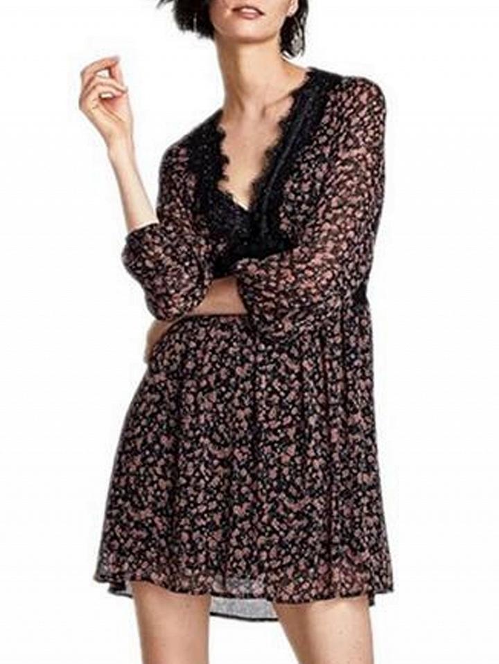 Choies Polychrome V-neck Lace Panel Floral Print Long Sleeve Mini Dress