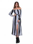Choies Blue Color Block Off Shoulder Stripe Print Split Side Dress
