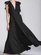 Choies Black Chiffon V-neck Lace Panel Tie Waist Chic Women Maxi Dress