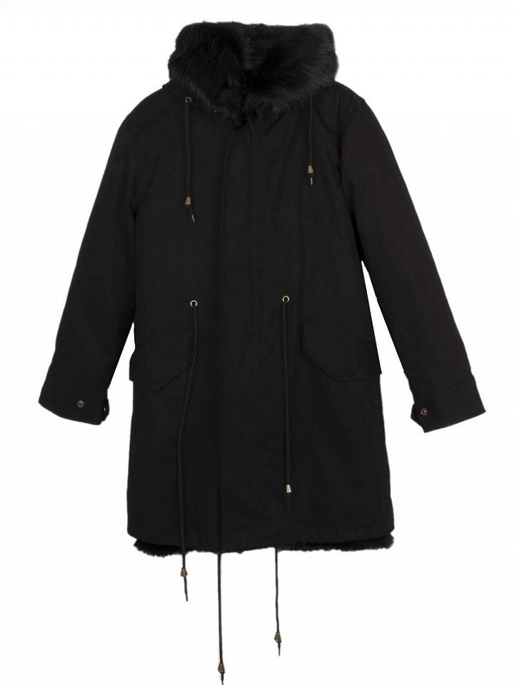 Choies Black Drawcord Detachable Lining Faux Fur Hooded Coat