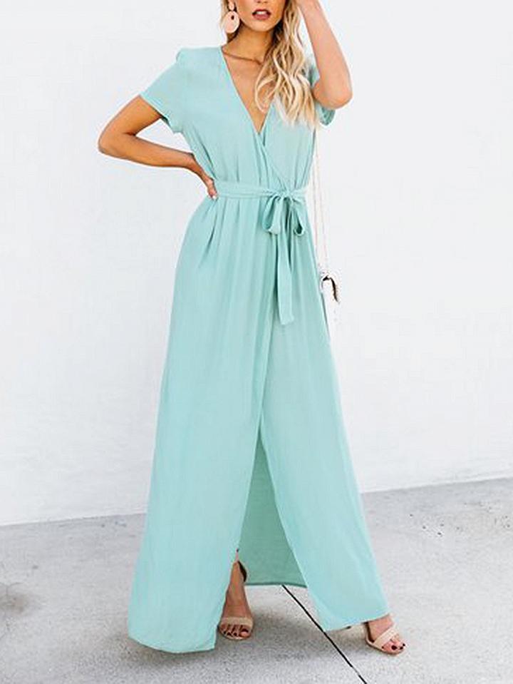 Choies Blue V-neck Tie Waist Thigh Split Front Maxi Dress