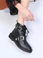 Choies Black Buckle Strap Lace Up Pu Boots
