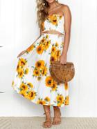 Choies White Bandeau Sunflower Print Crop Top And High Waist Midi Skirt