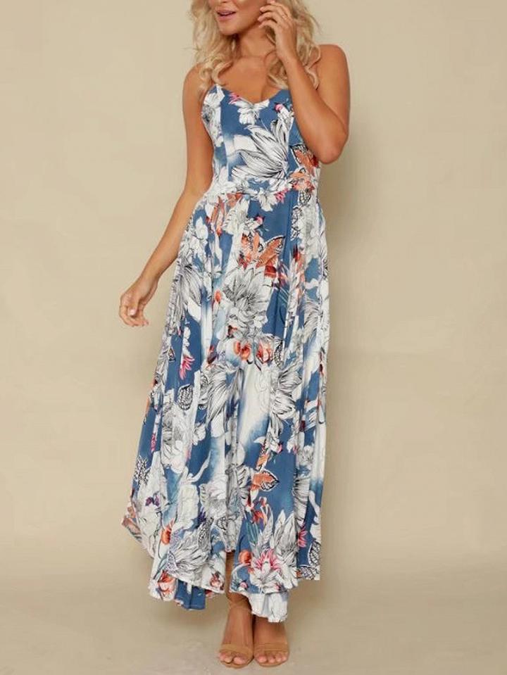 Choies Polychrome V-neck Floral Tie Front Spaghetti Strap Maxi Dress