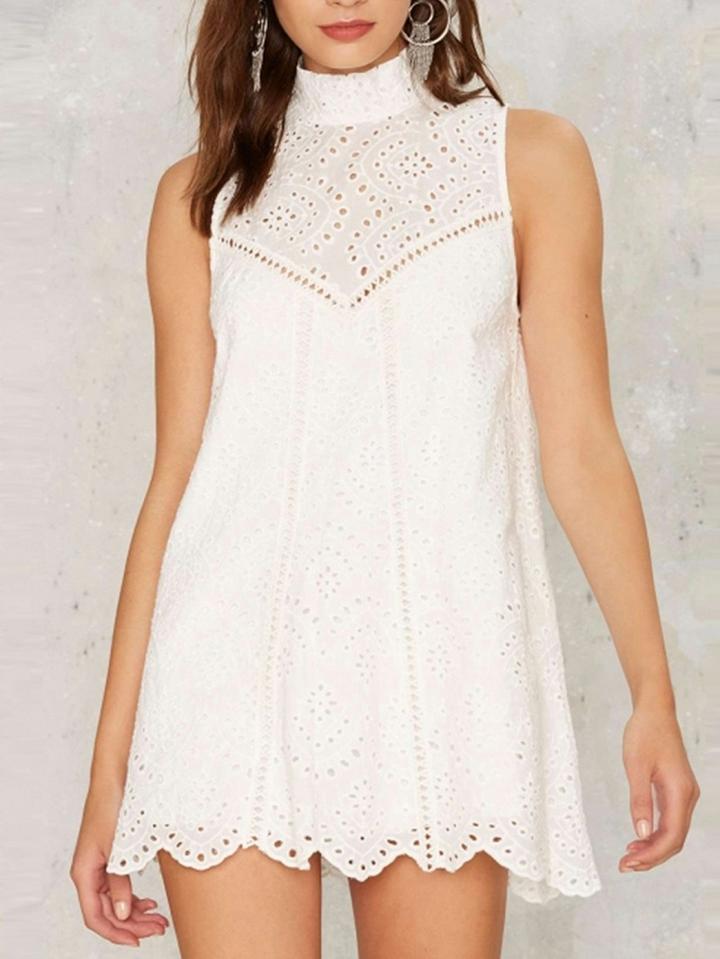 Choies White High Neck Laser Cut Out Sleeveless Swing Dress