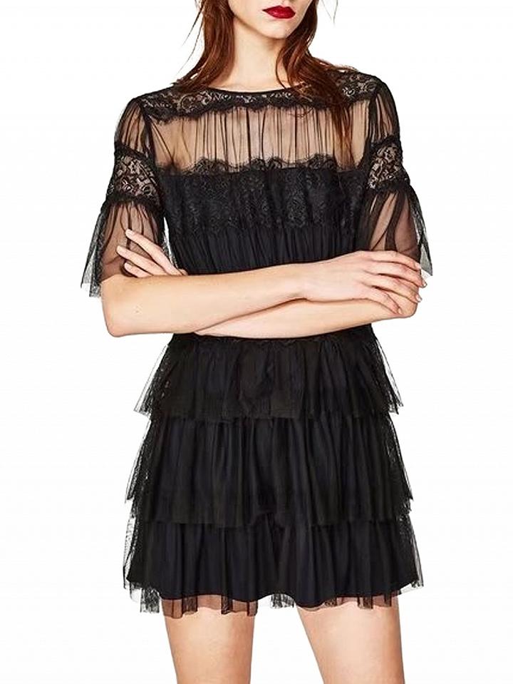 Choies Black Sheer Mesh Flared Sleeve Lace Panel Layered Dress