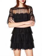 Choies Black Sheer Mesh Flared Sleeve Lace Panel Layered Dress