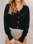 Choies Black V-neck Button Placket Front Puff Sleeve Knit Sweater