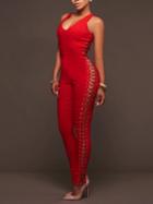 Choies Red V-neck Eyelet Lace Up Side Jumpsuit