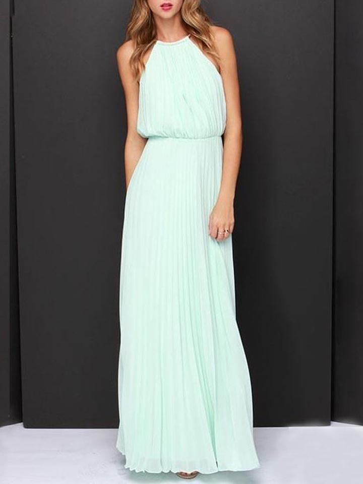 Choies Mint Green Pink Cut Away Pleated Chiffon Maxi Dress