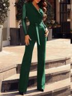 Choies Green V-neck Polka Dot Print Panel Tie Waist Long Sleeve Jumpsuit