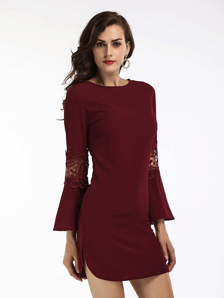 Choies Burgundy Lace Panel Split Side Flare Sleeve Mini Dress