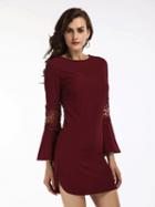 Choies Burgundy Lace Panel Split Side Flare Sleeve Mini Dress