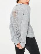 Choies Gray Ladder Ripped Back Long Sleeve Chunky Sweater