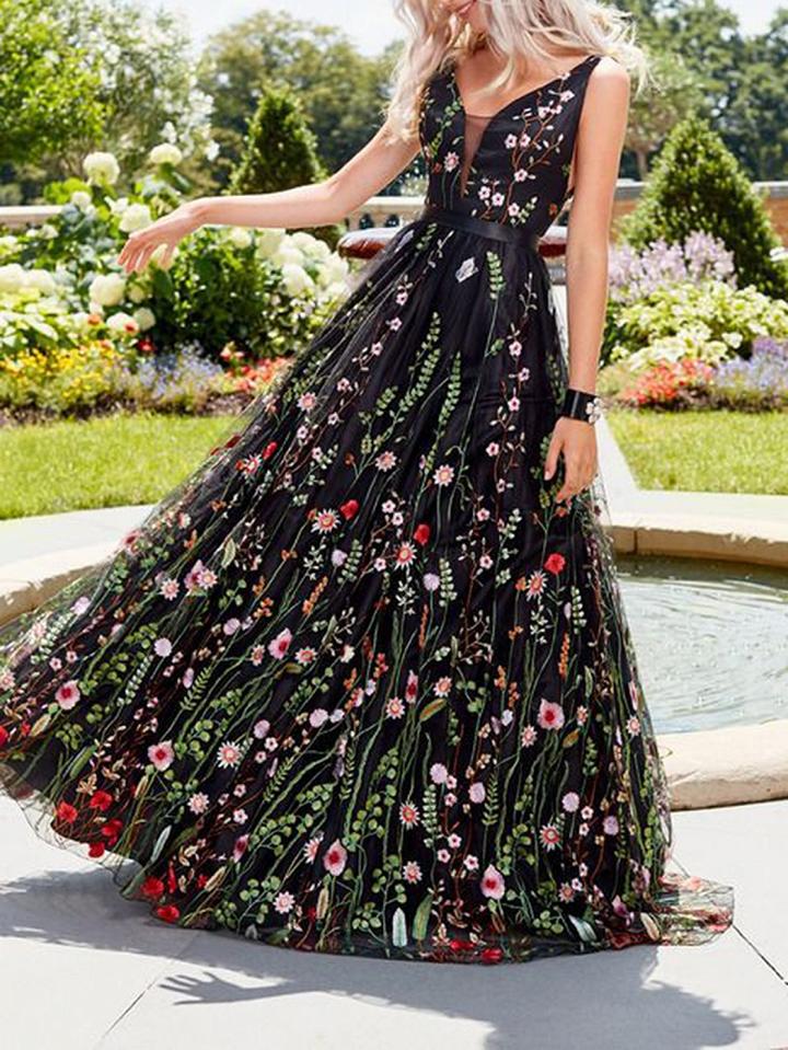 Choies Black V-neck Floral Print Open Back Women Cami Maxi Dress