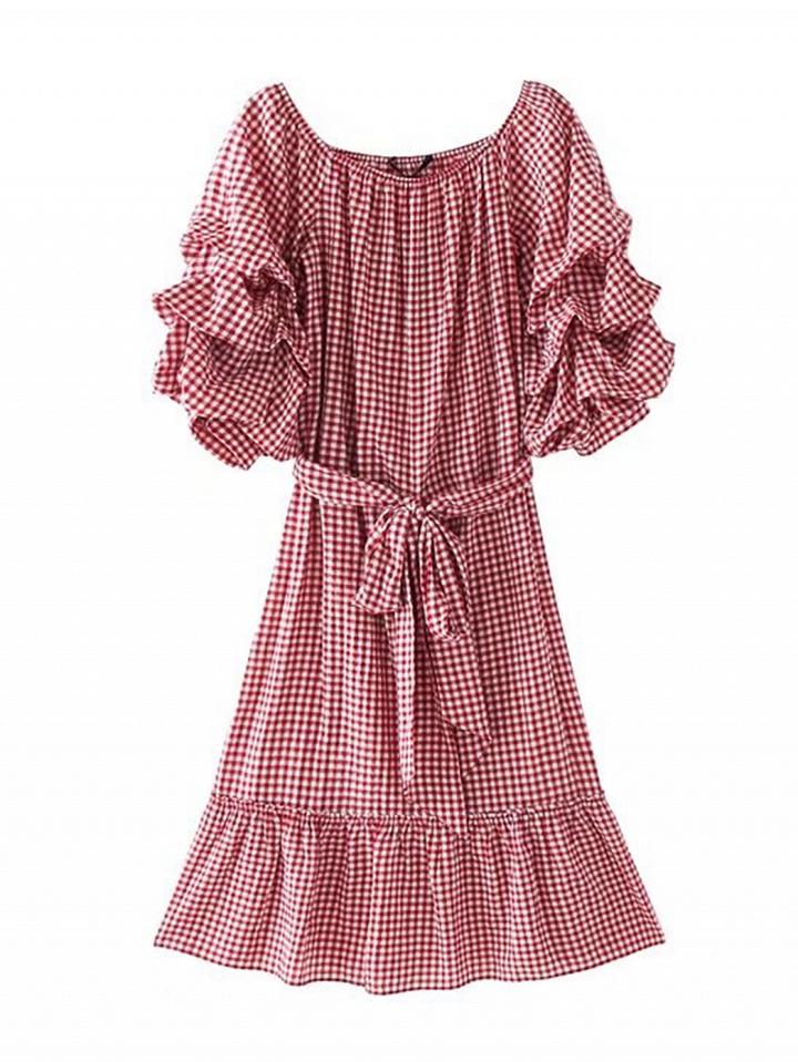 Choies Red Gingham Bardot Neck Ruffle Sleeve Tie Waist Midi Dress