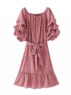 Choies Red Gingham Bardot Neck Ruffle Sleeve Tie Waist Midi Dress