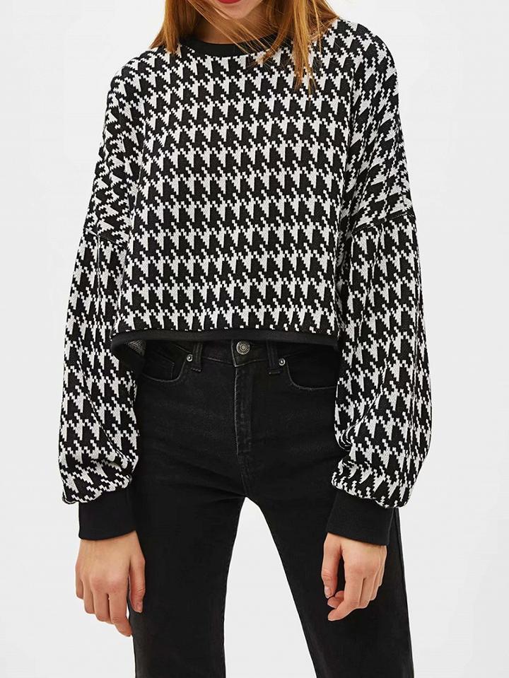 Choies Black Houndstooth Print Long Sleeve Women Crop Sweater