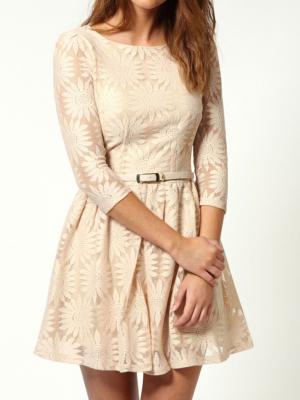 Choies Beige Lace Dress With Belt Added
