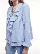 Choies Blue Stripe Lace Up Front Ruffle Detail Long Sleeve Layered Blouse