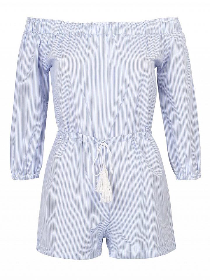 Choies Light Blue Off Shoulder Drawstring Waist Stripe Romper Playsuit
