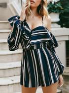 Choies Navy Stripe V-neck Ruffle Cold Shoulder Long Sleeve Romper Playsuit