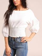 Choies White Stretch Off Shoulder Frill Trim Puff Sleeve Blouse