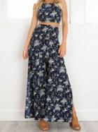 Choies Navy Floral Tie Back Cami Crop Top And Split Maxi Skirt