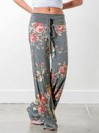 Choies Gray Floral Print Drawstring Waist Wide Leg Pants