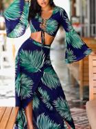Choies Green V-neck Leaf Print Flare Sleeve Crop Top And High Waist Skirt