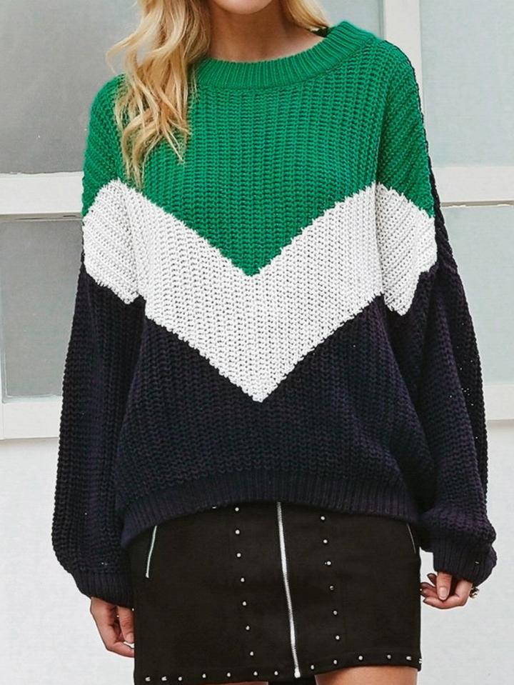Choies Green Contrast Long Sleeve Chic Women Knit Sweater
