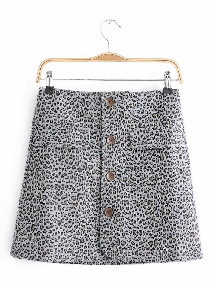 Choies Gray High Waist Leopard Print Button Placket Front Mini Skirt