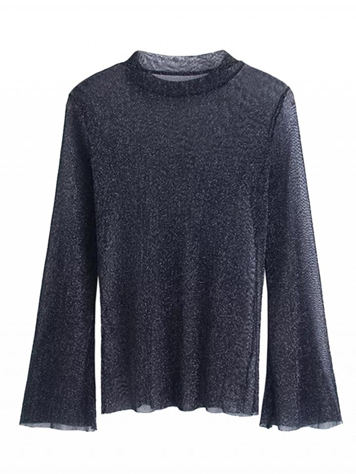 Choies Black Flared Sleeves Semi-sheer Mesh Top