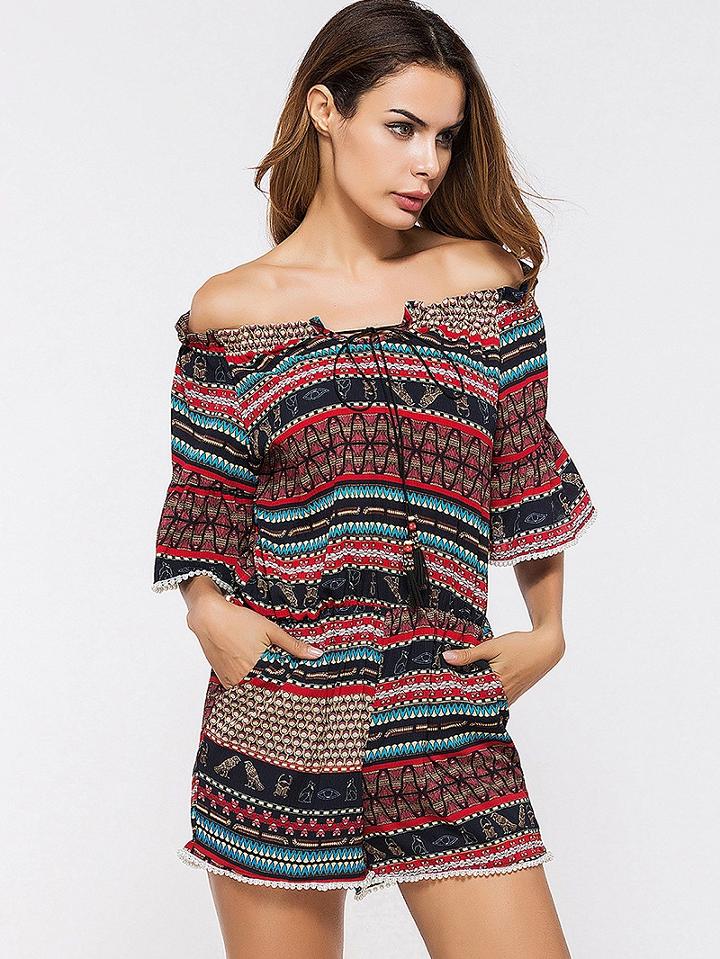 Choies Polychrome Mixed Tribal Print Ruffle Sleeve Romper Playsuit